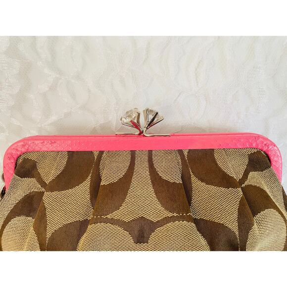 Vtg Coach Y2K jewel kisslock khaki signature snake skin clutch/wristlet pink bag - Picture 3 of 10